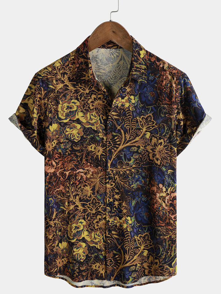 Chemise Homme Théo Jaune à Motif Floral Tropical Rétro, 100 % Rayon, Style Détente à