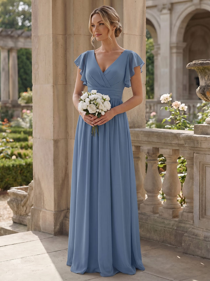 Claire|Robe demoiselle d'honneur en mousseline manches plissées avec découpe au dos