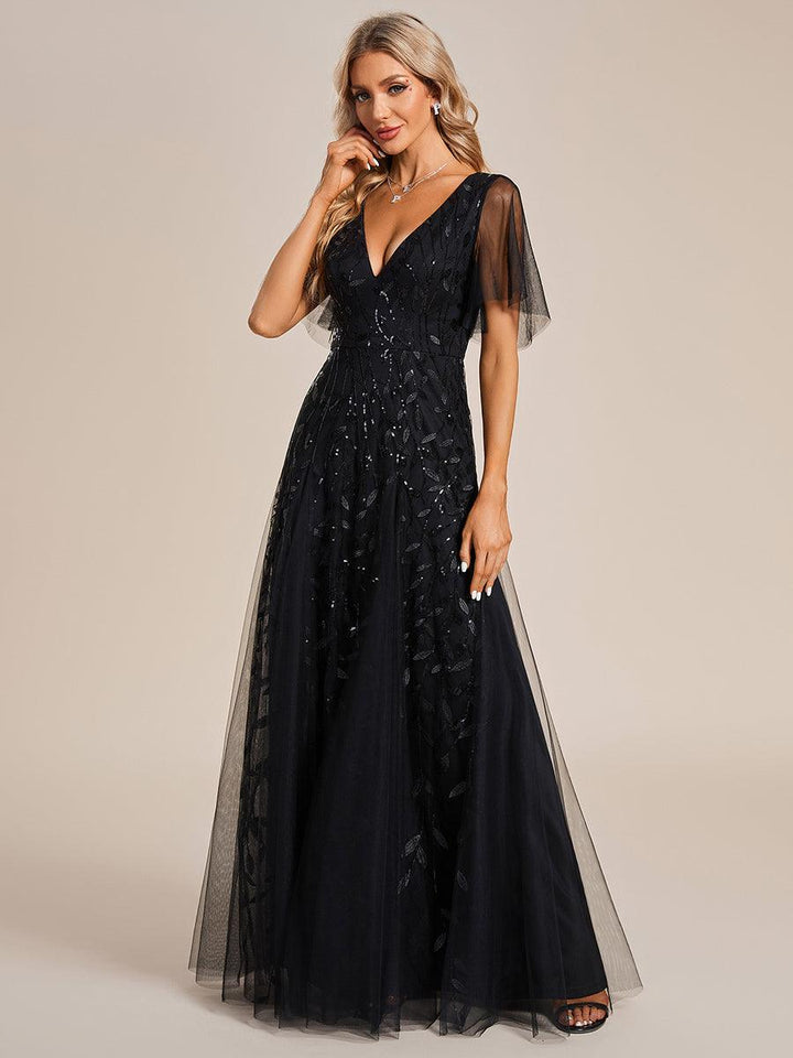 Adèle|Robe de Soirée Longue Romantique et Scintillante à Col V et Pailletes
