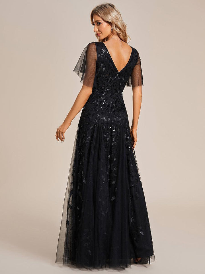 Adèle|Robe de Soirée Longue Romantique et Scintillante à Col V et Pailletes