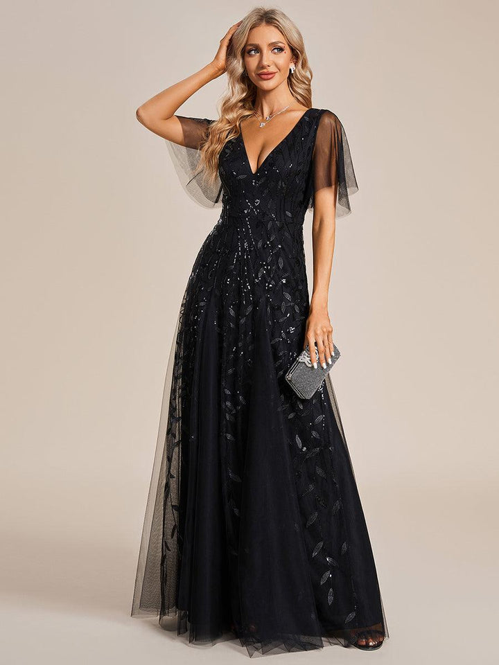 Adèle|Robe de Soirée Longue Romantique et Scintillante à Col V et Pailletes
