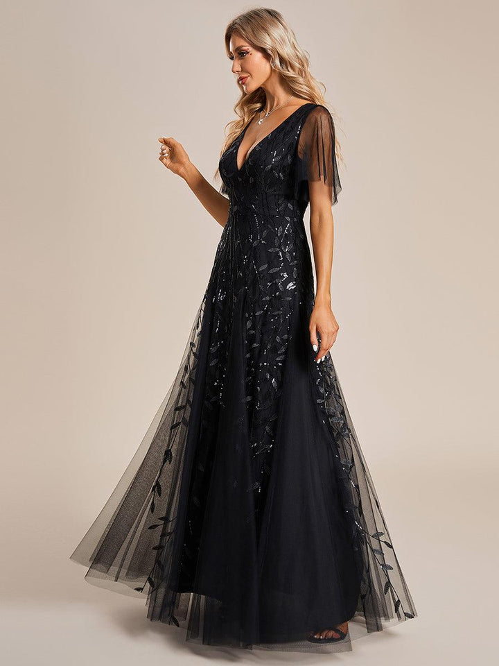Adèle|Robe de Soirée Longue Romantique et Scintillante à Col V et Pailletes