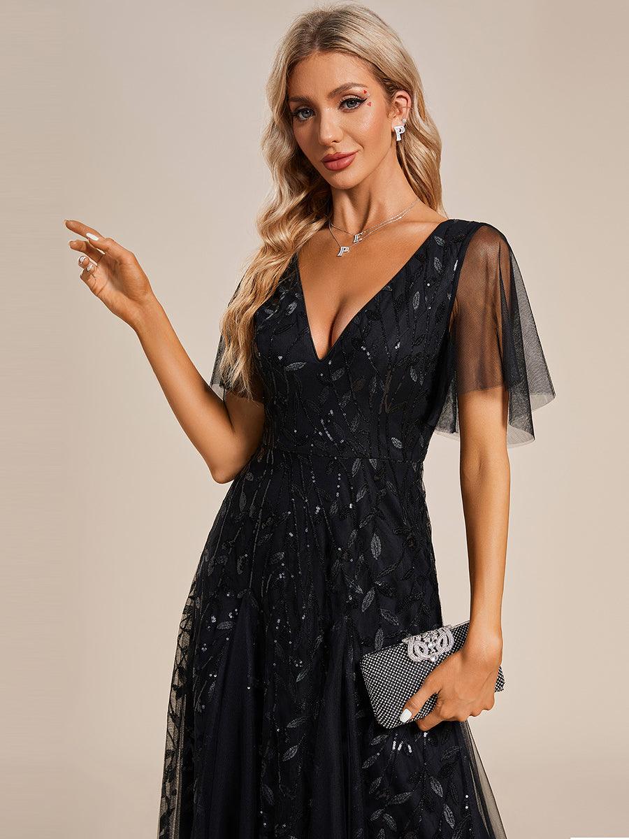 Adèle|Robe de Soirée Longue Romantique et Scintillante à Col V et Pailletes