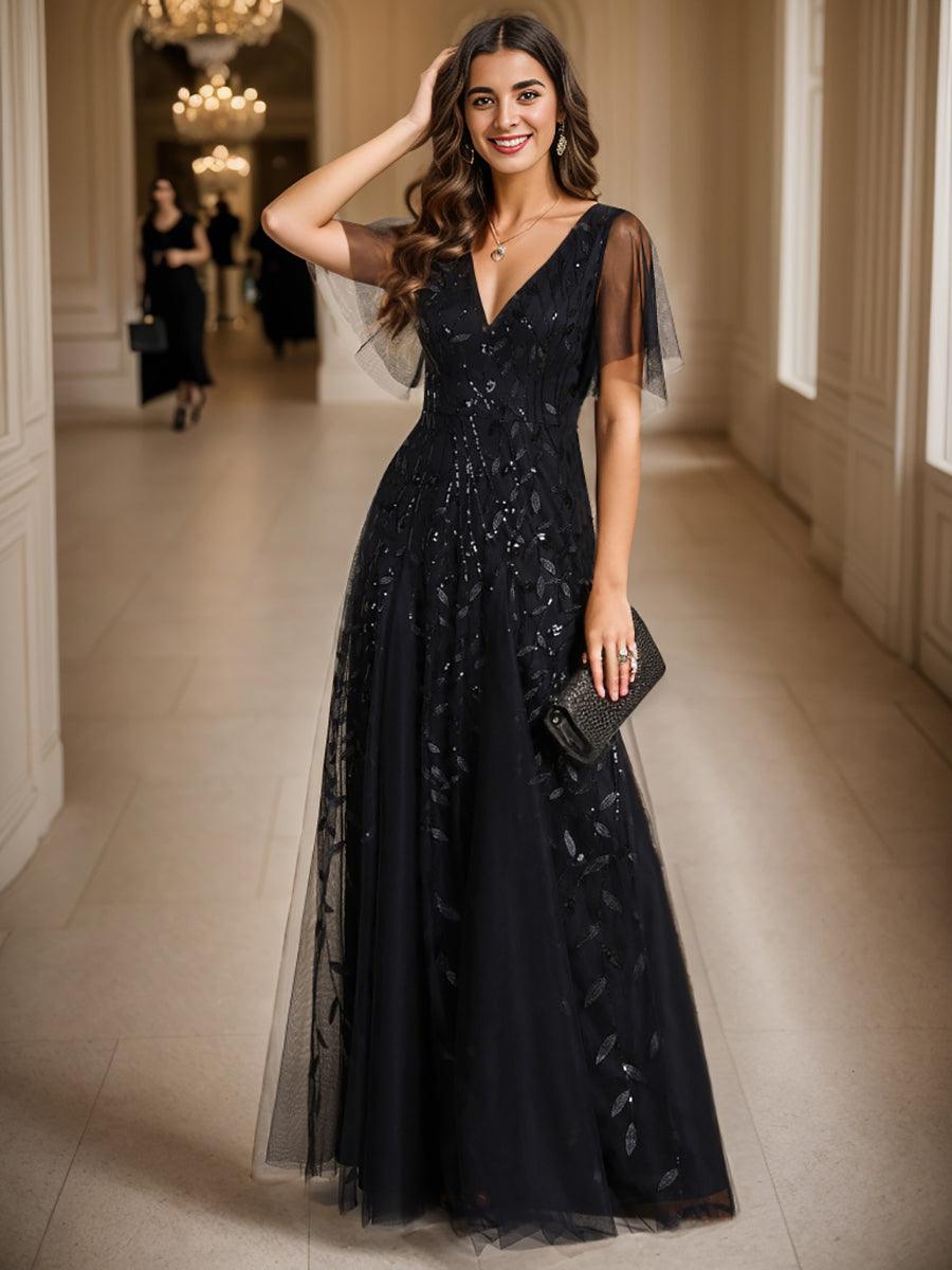 Adèle|Robe de Soirée Longue Romantique et Scintillante à Col V et Pailletes