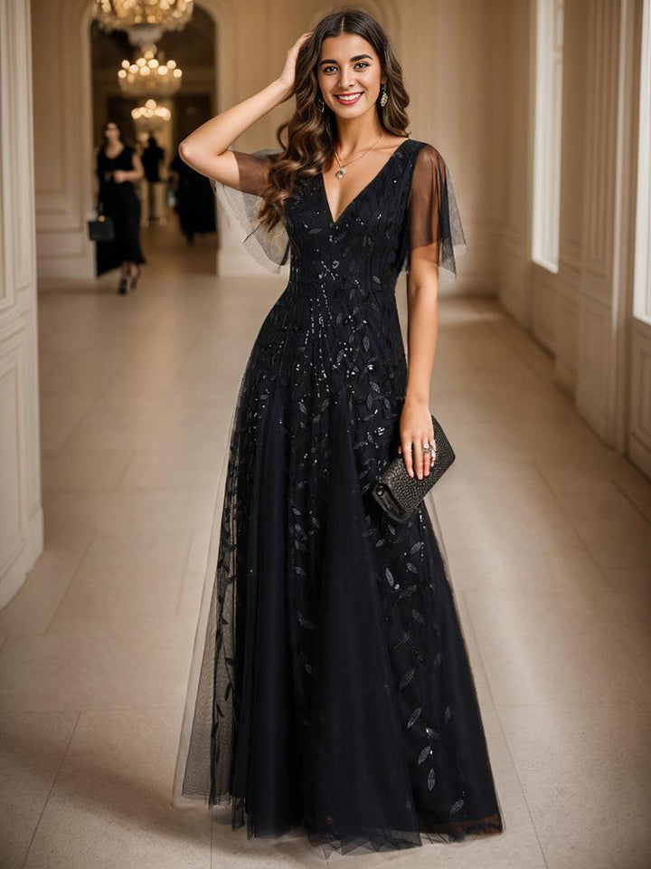 Adèle|Robe de Soirée Longue Romantique et Scintillante à Col V et Pailletes