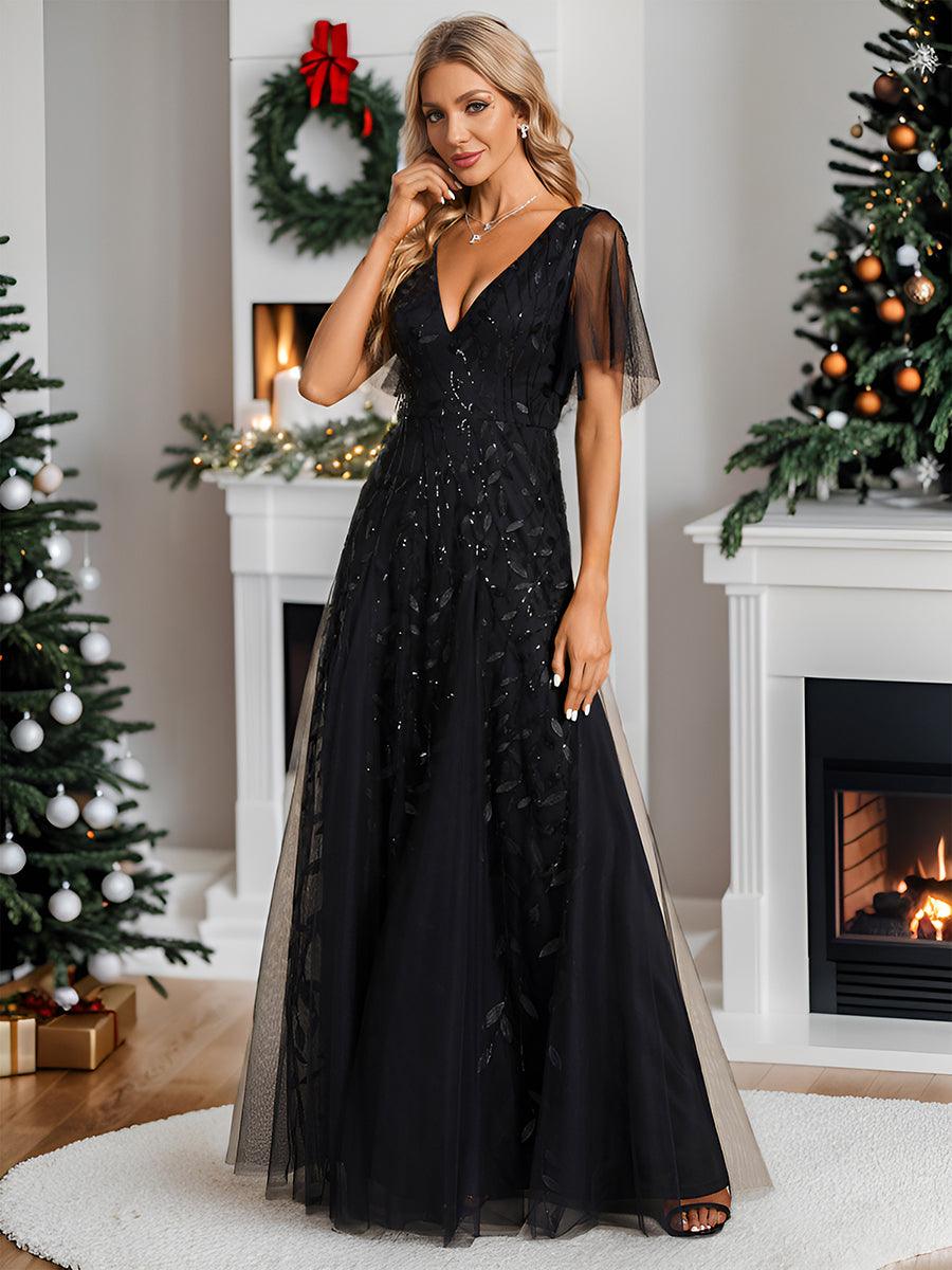 Adèle|Robe de Soirée Longue Romantique et Scintillante à Col V et Pailletes