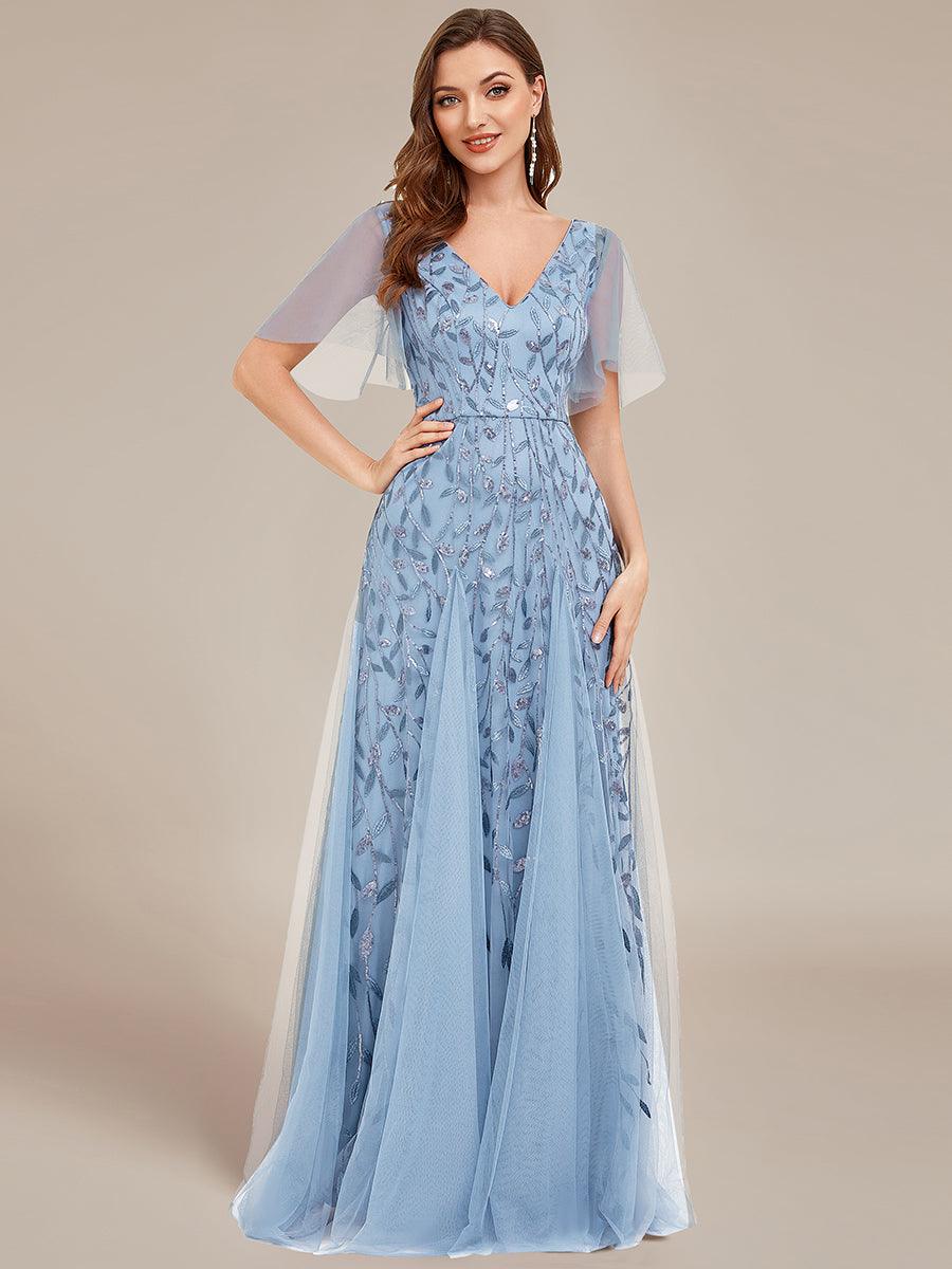 Adèle|Robe de Soirée Longue Romantique et Scintillante à Col V et Pailletes