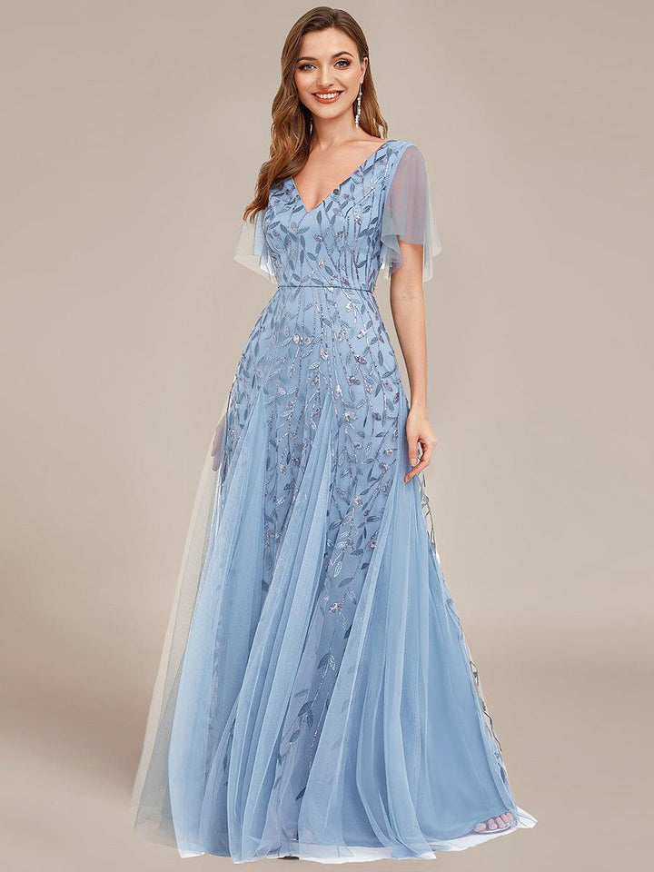 Adèle|Robe de Soirée Longue Romantique et Scintillante à Col V et Pailletes