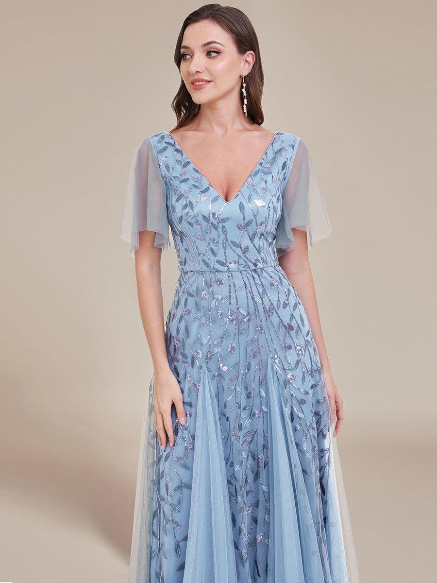 Adèle|Robe de Soirée Longue Romantique et Scintillante à Col V et Pailletes