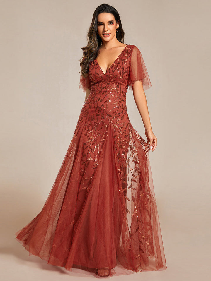Adèle|Robe de Soirée Longue Romantique et Scintillante à Col V et Pailletes