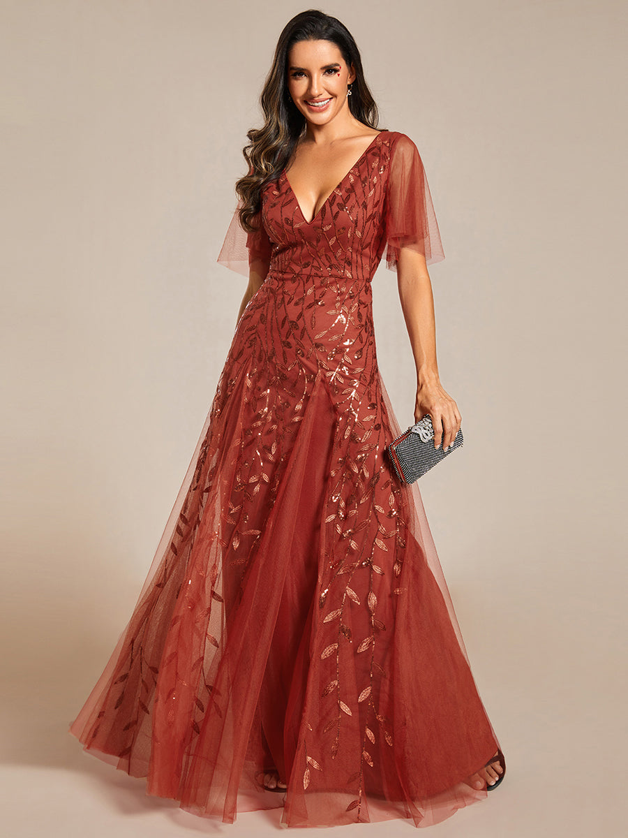 Adèle|Robe de Soirée Longue Romantique et Scintillante à Col V et Pailletes