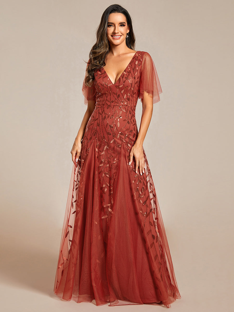 Adèle|Robe de Soirée Longue Romantique et Scintillante à Col V et Pailletes