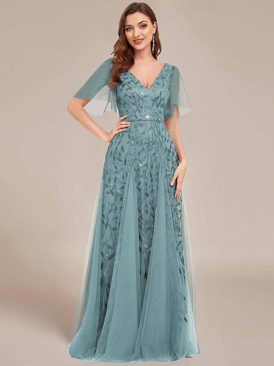 Adèle|Robe de Soirée Longue Romantique et Scintillante à Col V et Pailletes