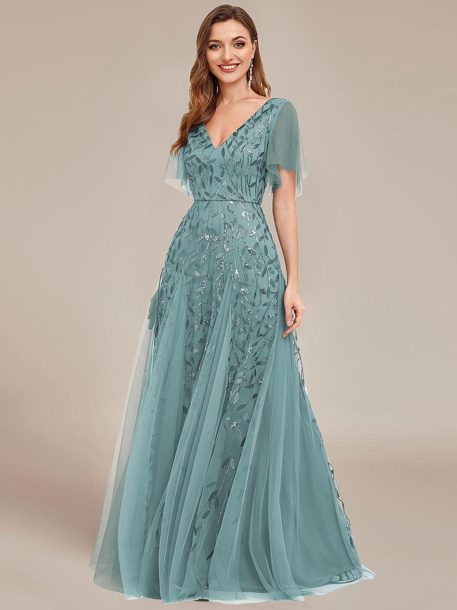 Adèle|Robe de Soirée Longue Romantique et Scintillante à Col V et Pailletes