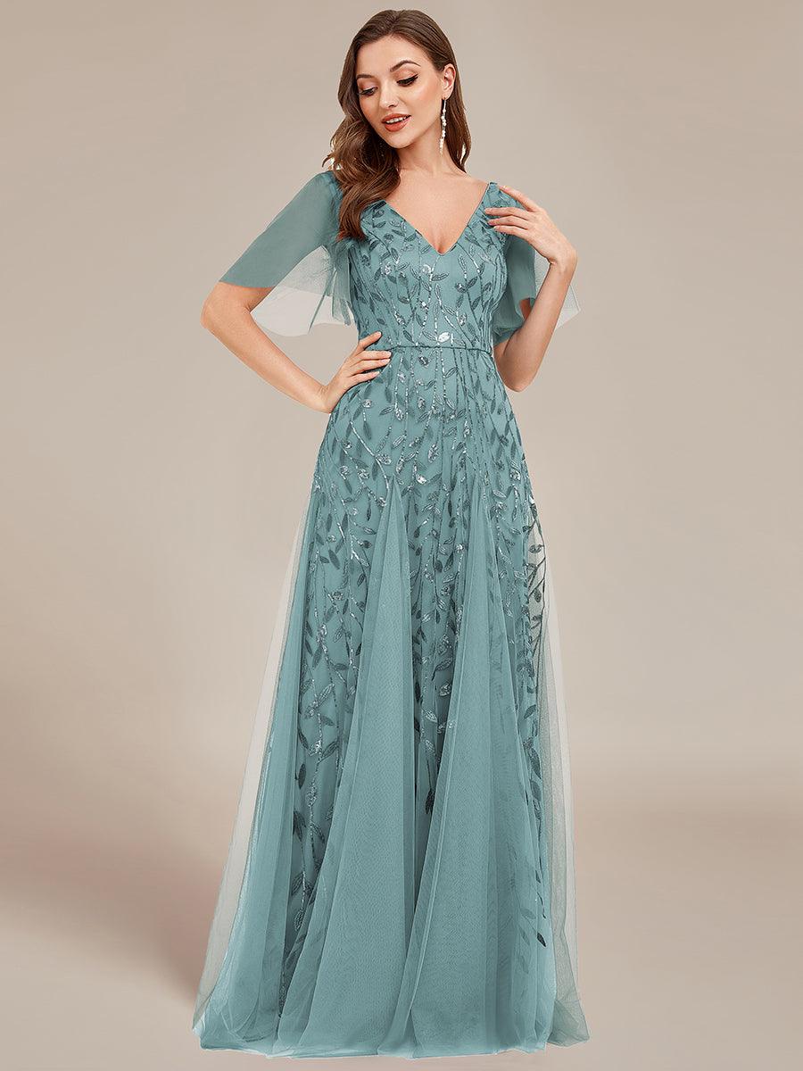 Adèle|Robe de Soirée Longue Romantique et Scintillante à Col V et Pailletes