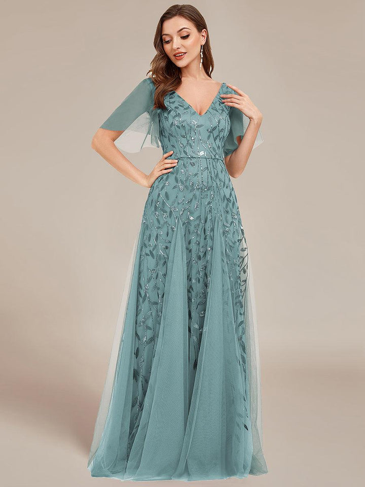 Adèle|Robe de Soirée Longue Romantique et Scintillante à Col V et Pailletes