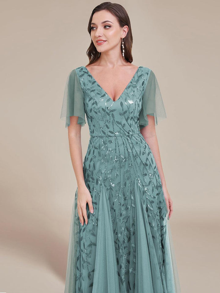Adèle|Robe de Soirée Longue Romantique et Scintillante à Col V et Pailletes