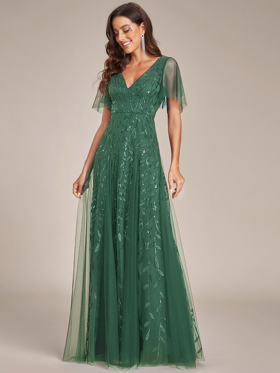 Adèle|Robe de Soirée Longue Romantique et Scintillante à Col V et Pailletes