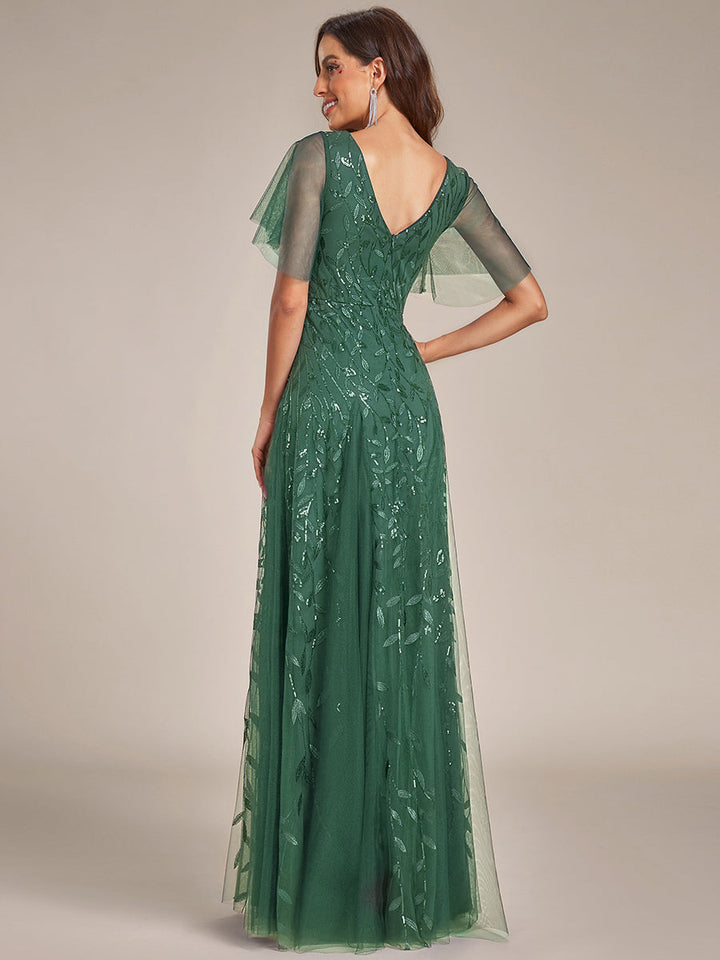 Adèle|Robe de Soirée Longue Romantique et Scintillante à Col V et Pailletes