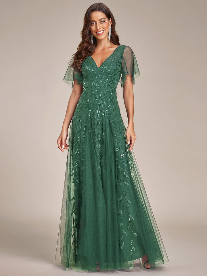 Adèle|Robe de Soirée Longue Romantique et Scintillante à Col V et Pailletes