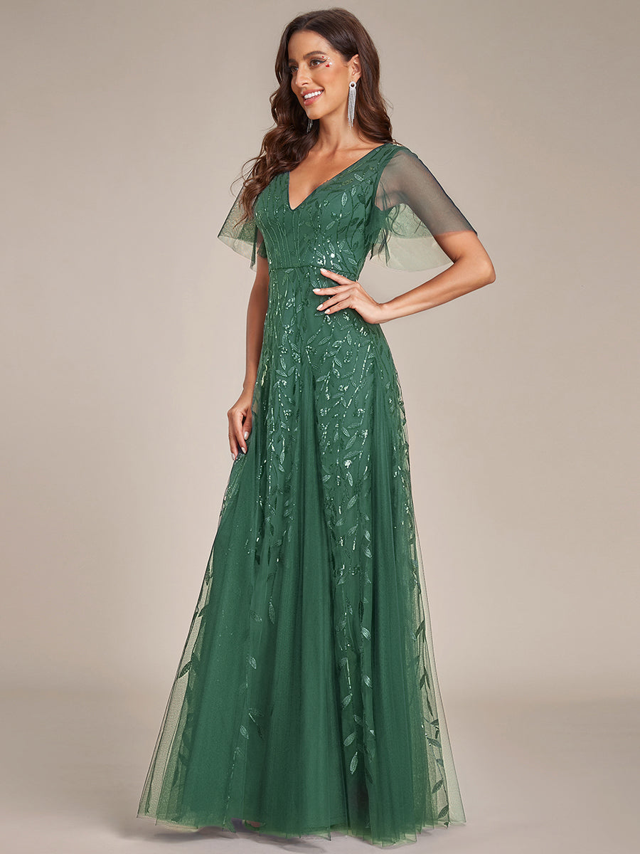 Adèle|Robe de Soirée Longue Romantique et Scintillante à Col V et Pailletes