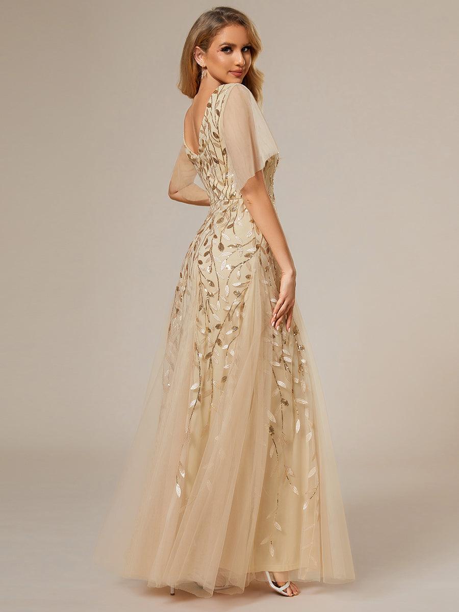 Adèle|Robe de Soirée Longue Romantique et Scintillante à Col V et Pailletes