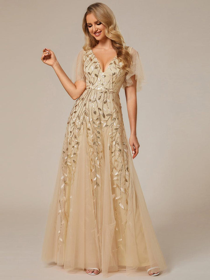 Adèle|Robe de Soirée Longue Romantique et Scintillante à Col V et Pailletes