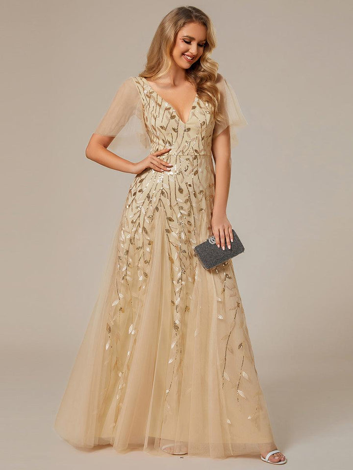 Adèle|Robe de Soirée Longue Romantique et Scintillante à Col V et Pailletes