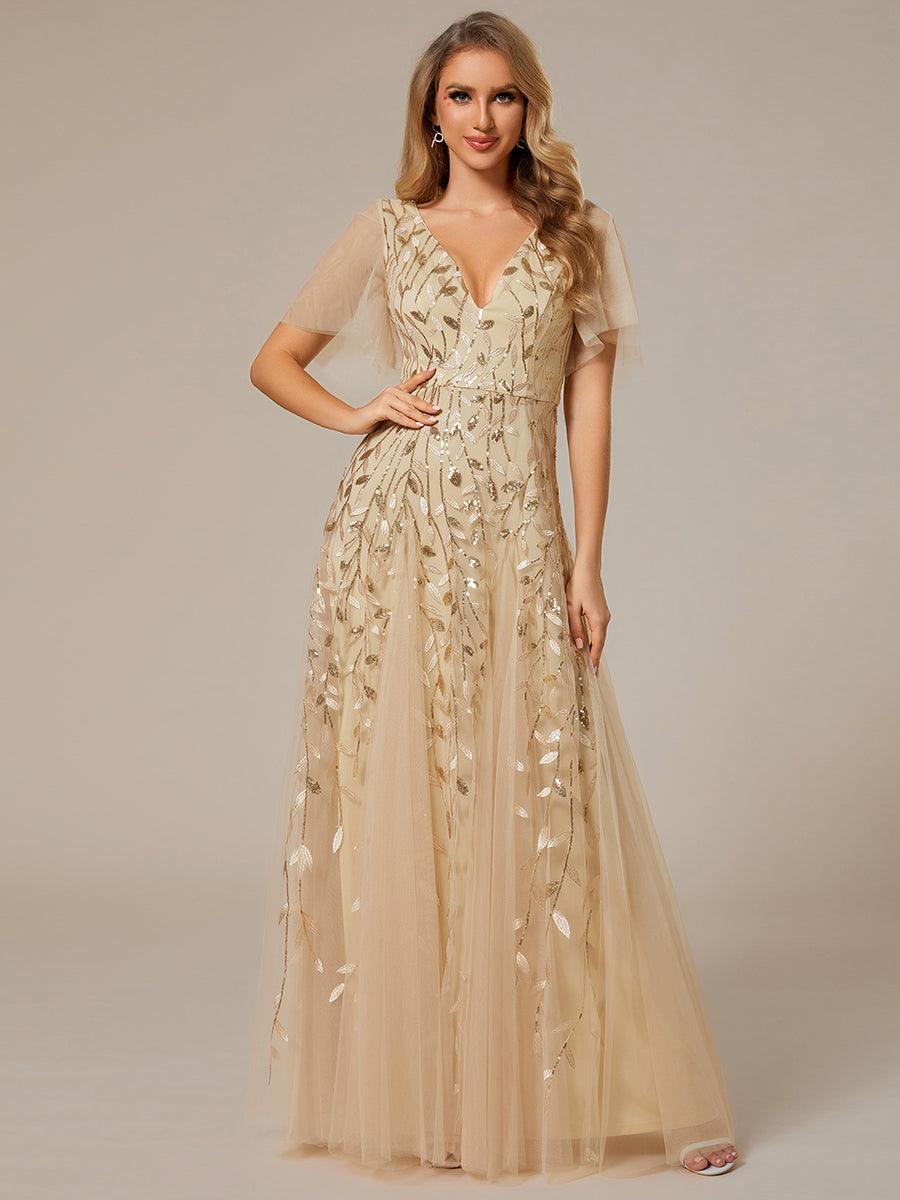 Adèle|Robe de Soirée Longue Romantique et Scintillante à Col V et Pailletes