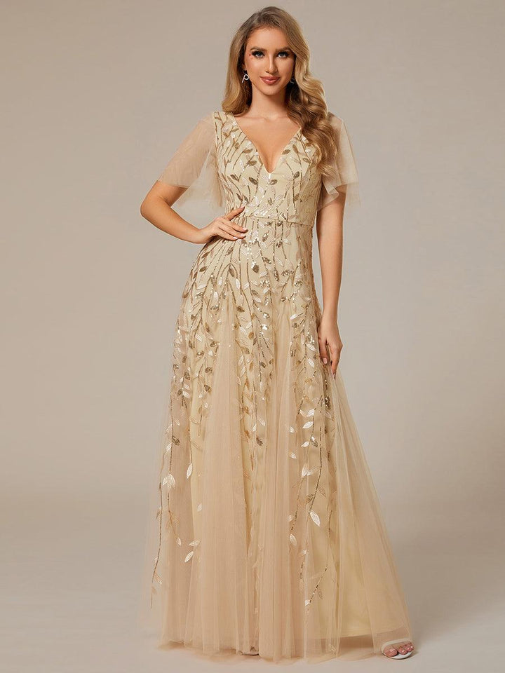 Adèle|Robe de Soirée Longue Romantique et Scintillante à Col V et Pailletes