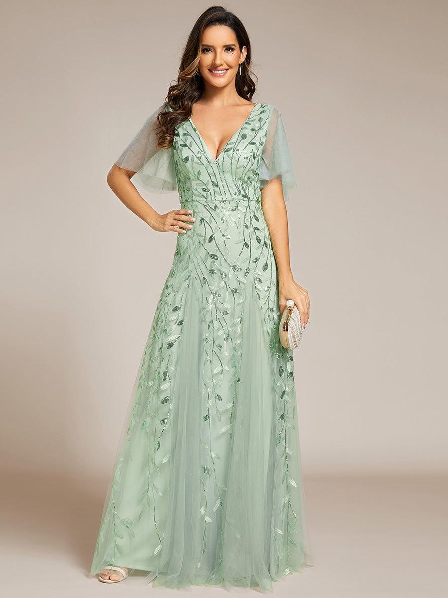 Adèle|Robe de Soirée Longue Romantique et Scintillante à Col V et Pailletes