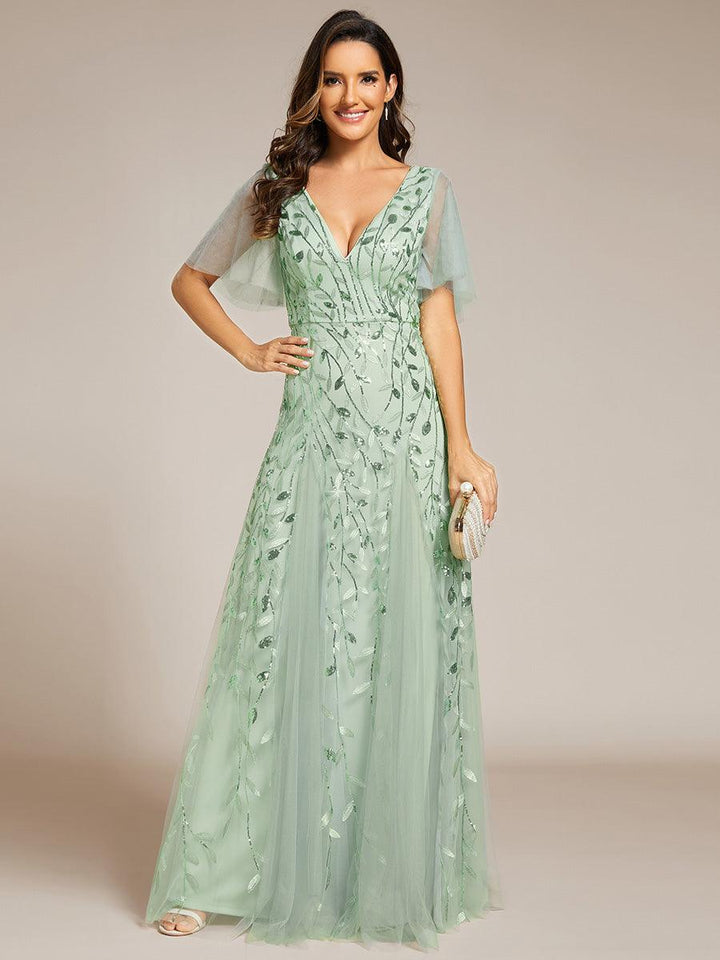 Adèle|Robe de Soirée Longue Romantique et Scintillante à Col V et Pailletes