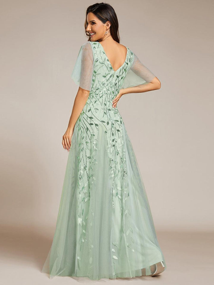 Adèle|Robe de Soirée Longue Romantique et Scintillante à Col V et Pailletes