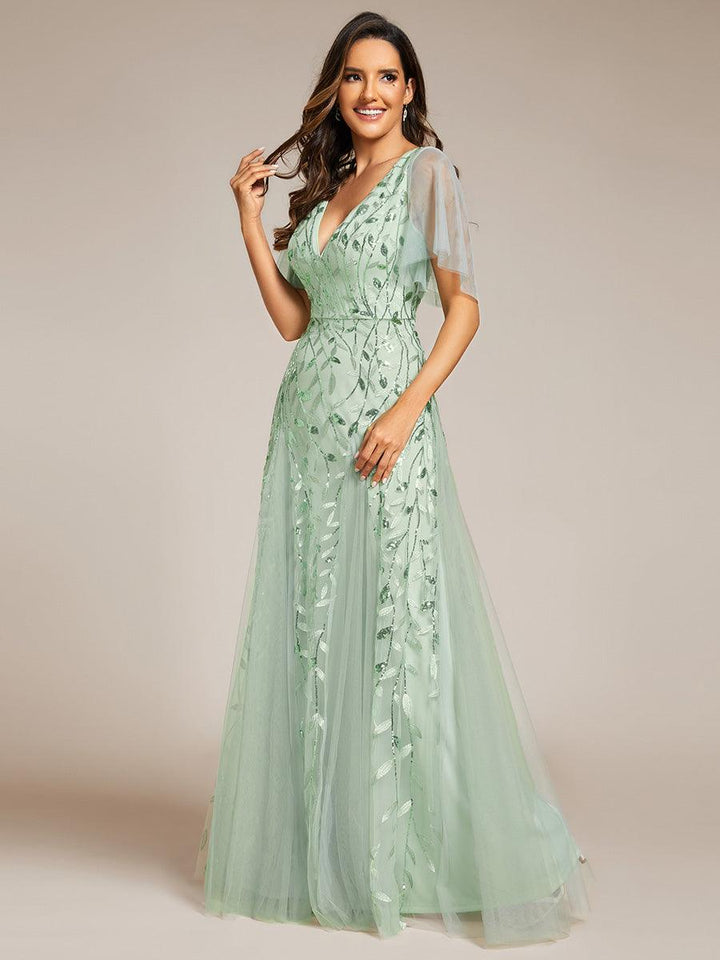 Adèle|Robe de Soirée Longue Romantique et Scintillante à Col V et Pailletes