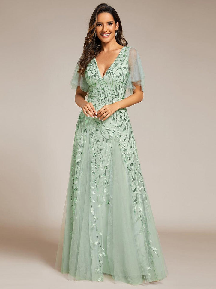 Adèle|Robe de Soirée Longue Romantique et Scintillante à Col V et Pailletes