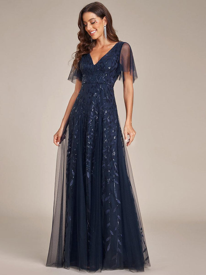 Adèle|Robe de Soirée Longue Romantique et Scintillante à Col V et Pailletes