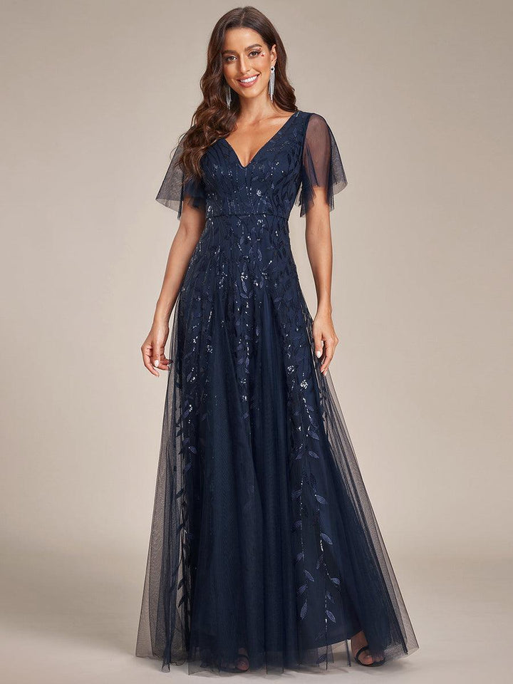 Adèle|Robe de Soirée Longue Romantique et Scintillante à Col V et Pailletes