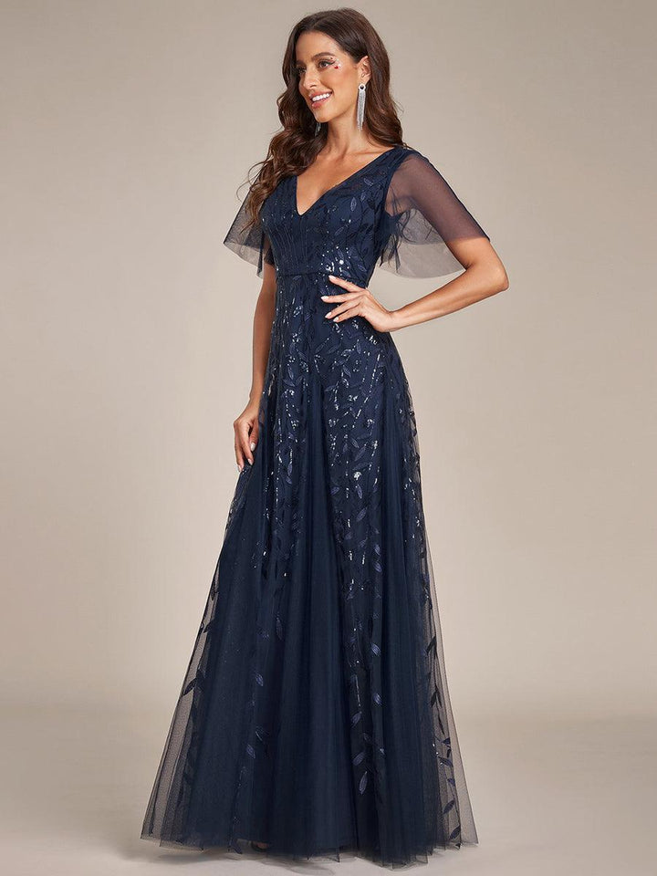 Adèle|Robe de Soirée Longue Romantique et Scintillante à Col V et Pailletes