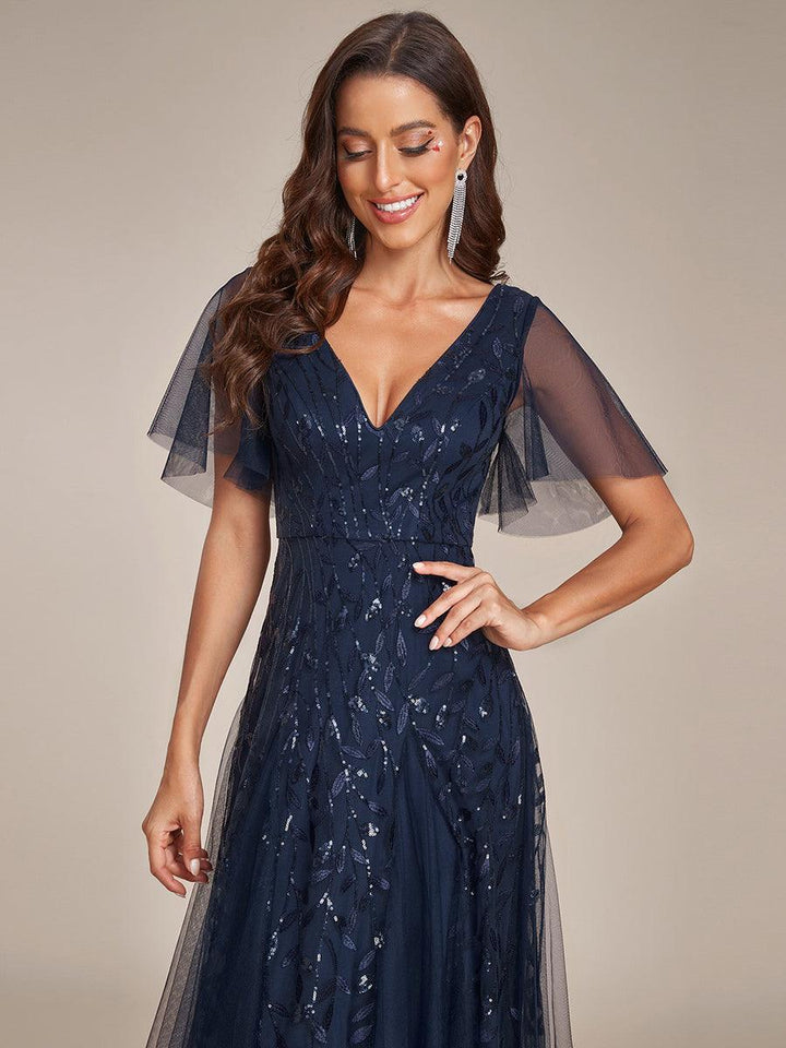 Adèle|Robe de Soirée Longue Romantique et Scintillante à Col V et Pailletes