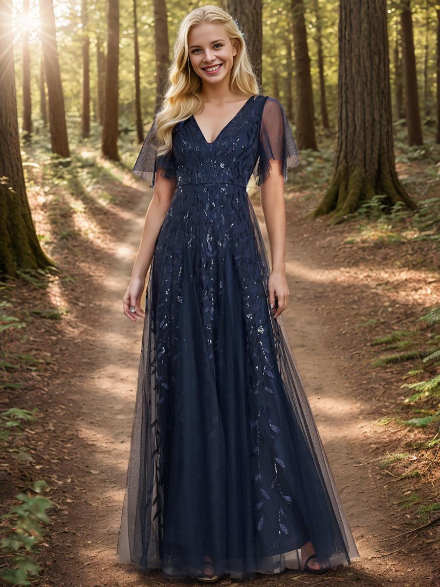 Adèle|Robe de Soirée Longue Romantique et Scintillante à Col V et Pailletes