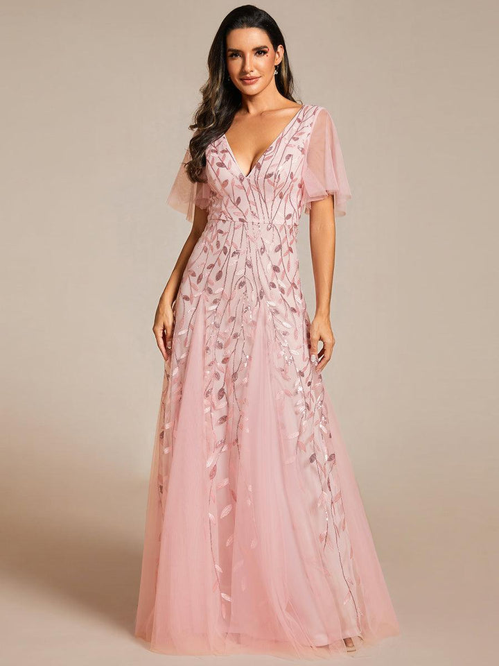 Adèle|Robe de Soirée Longue Romantique et Scintillante à Col V et Pailletes