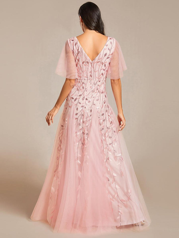 Adèle|Robe de Soirée Longue Romantique et Scintillante à Col V et Pailletes