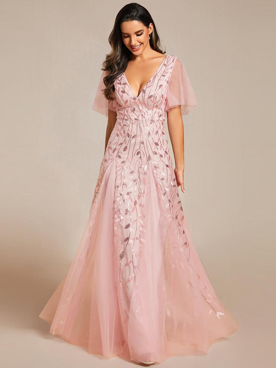Adèle|Robe de Soirée Longue Romantique et Scintillante à Col V et Pailletes