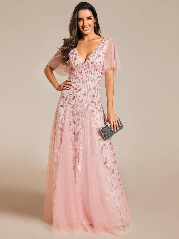 Adèle|Robe de Soirée Longue Romantique et Scintillante à Col V et Pailletes