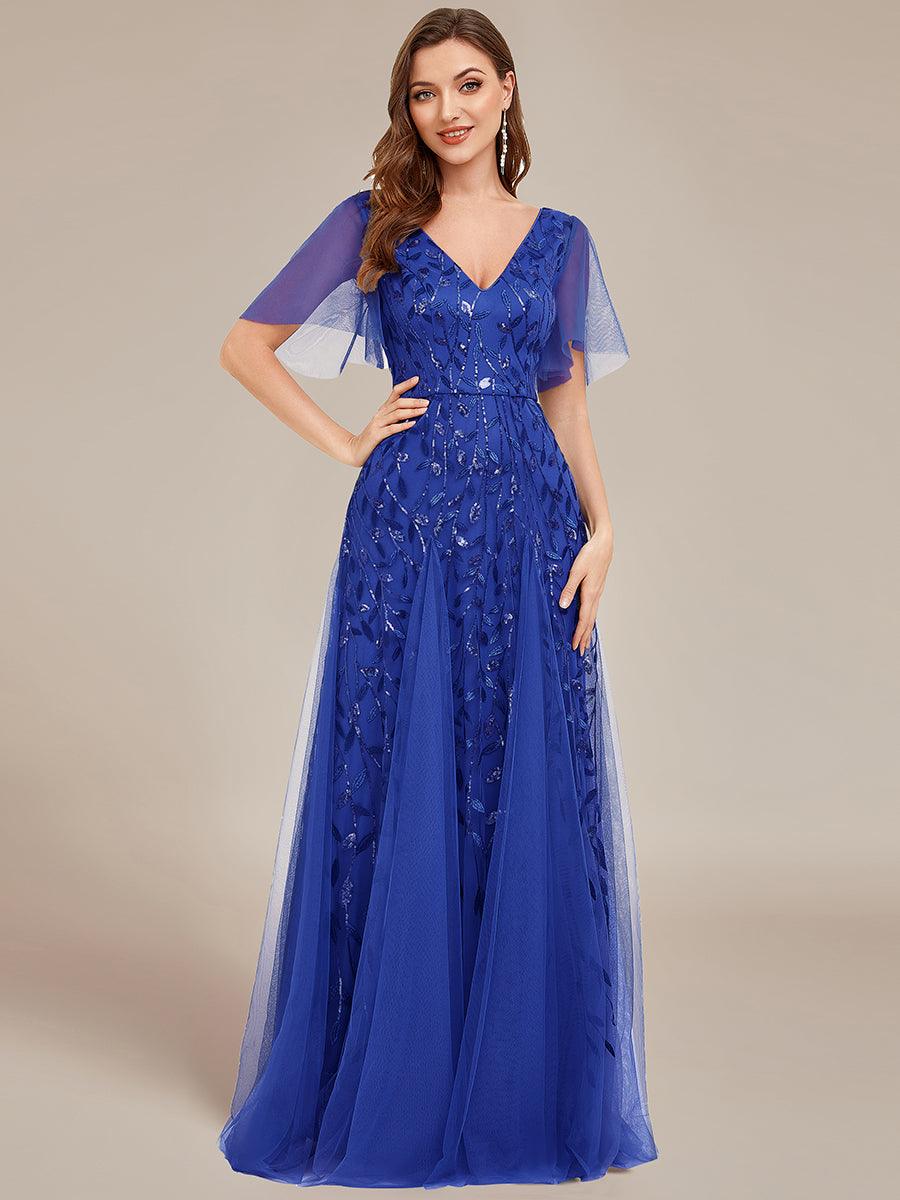 Adèle|Robe de Soirée Longue Romantique et Scintillante à Col V et Pailletes