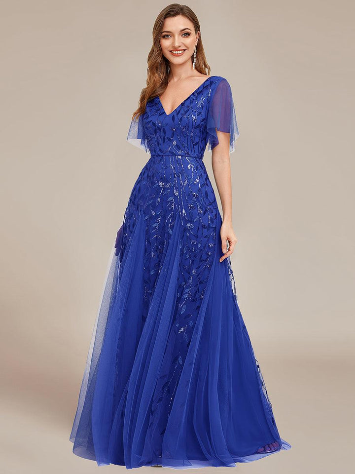 Adèle|Robe de Soirée Longue Romantique et Scintillante à Col V et Pailletes