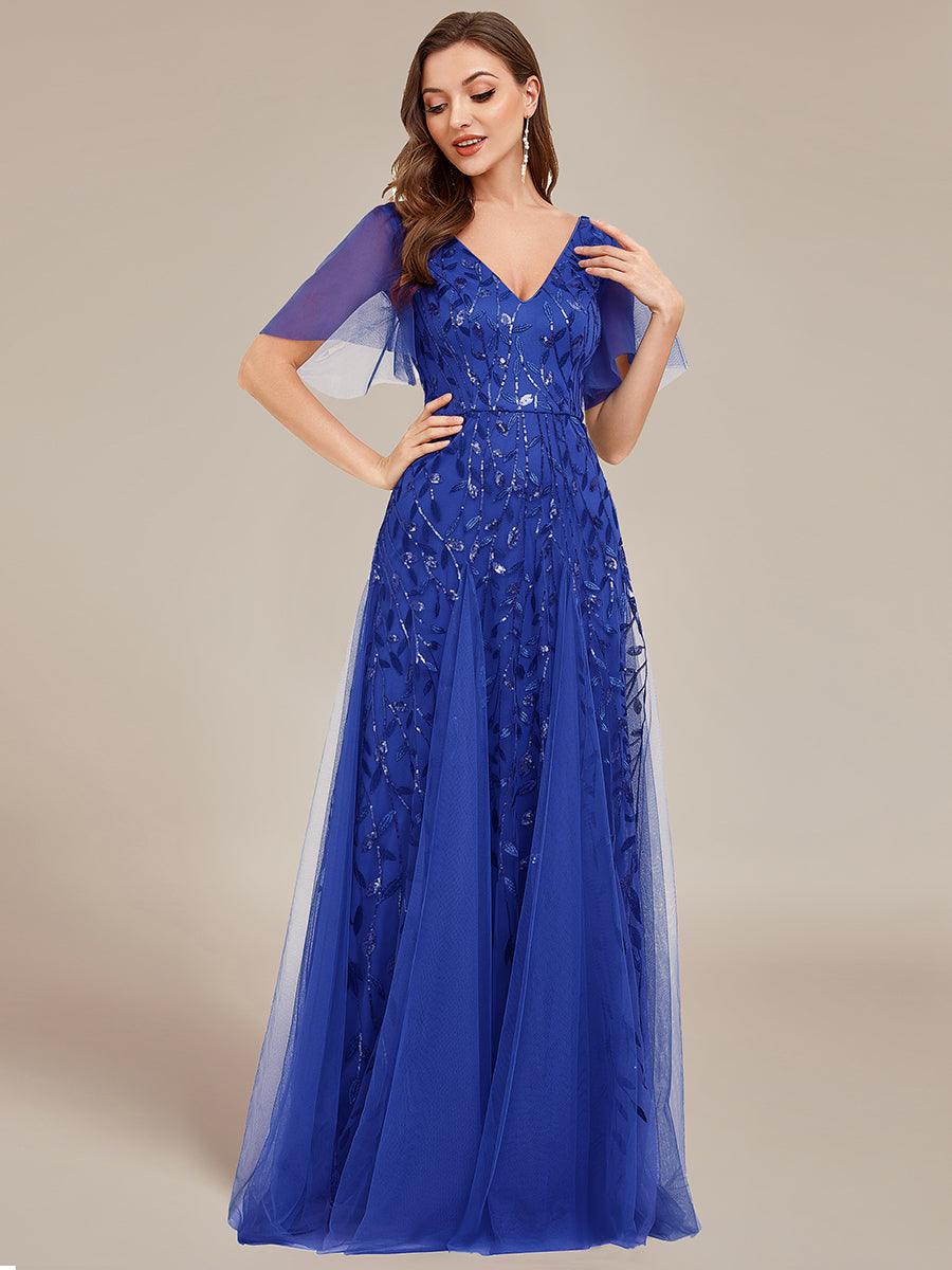 Adèle|Robe de Soirée Longue Romantique et Scintillante à Col V et Pailletes