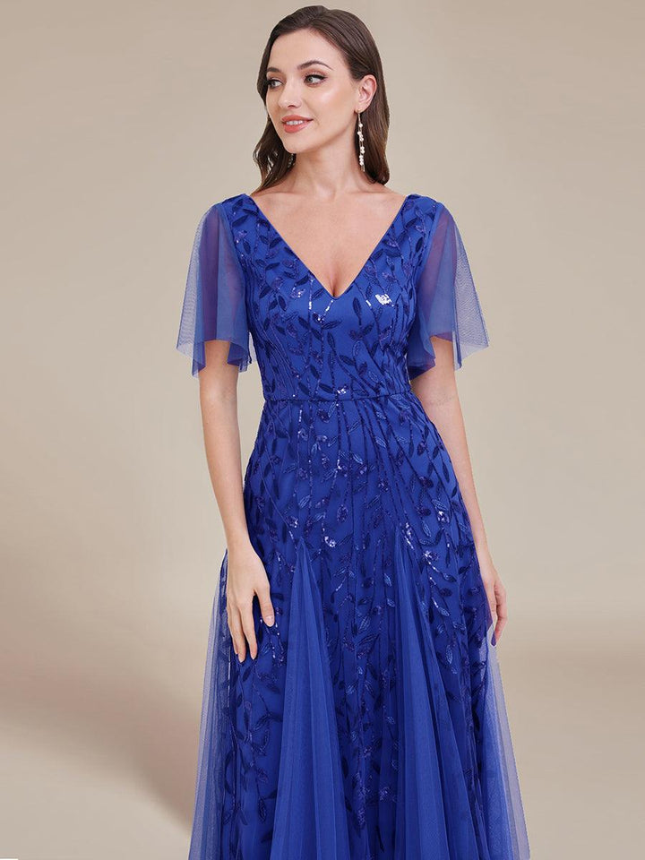 Adèle|Robe de Soirée Longue Romantique et Scintillante à Col V et Pailletes