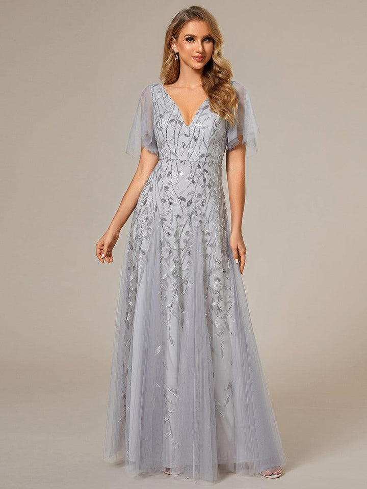 Adèle|Robe de Soirée Longue Romantique et Scintillante à Col V et Pailletes