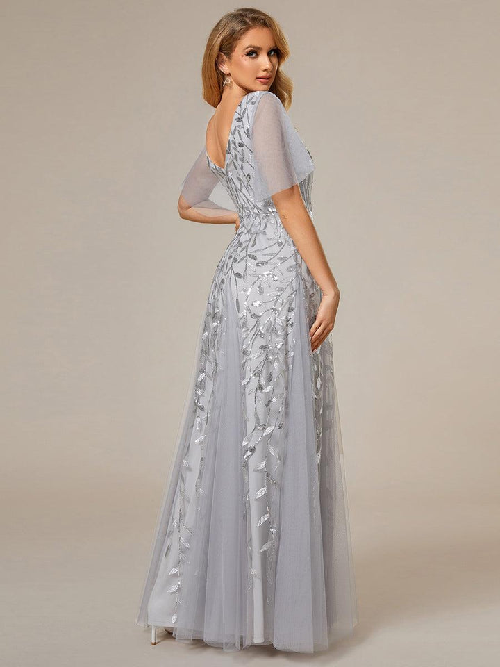 Adèle|Robe de Soirée Longue Romantique et Scintillante à Col V et Pailletes